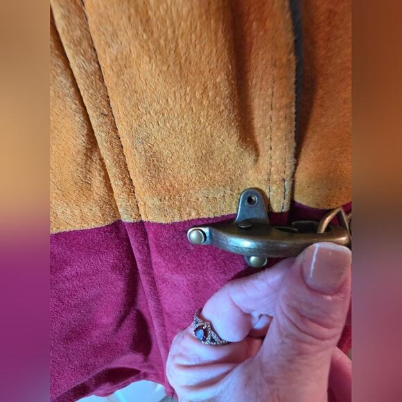 Vtg 90s Y2K Colorblock Stripped Leather Trench Coat Hood Outdoor Exchange L Read - Picture 7 of 15